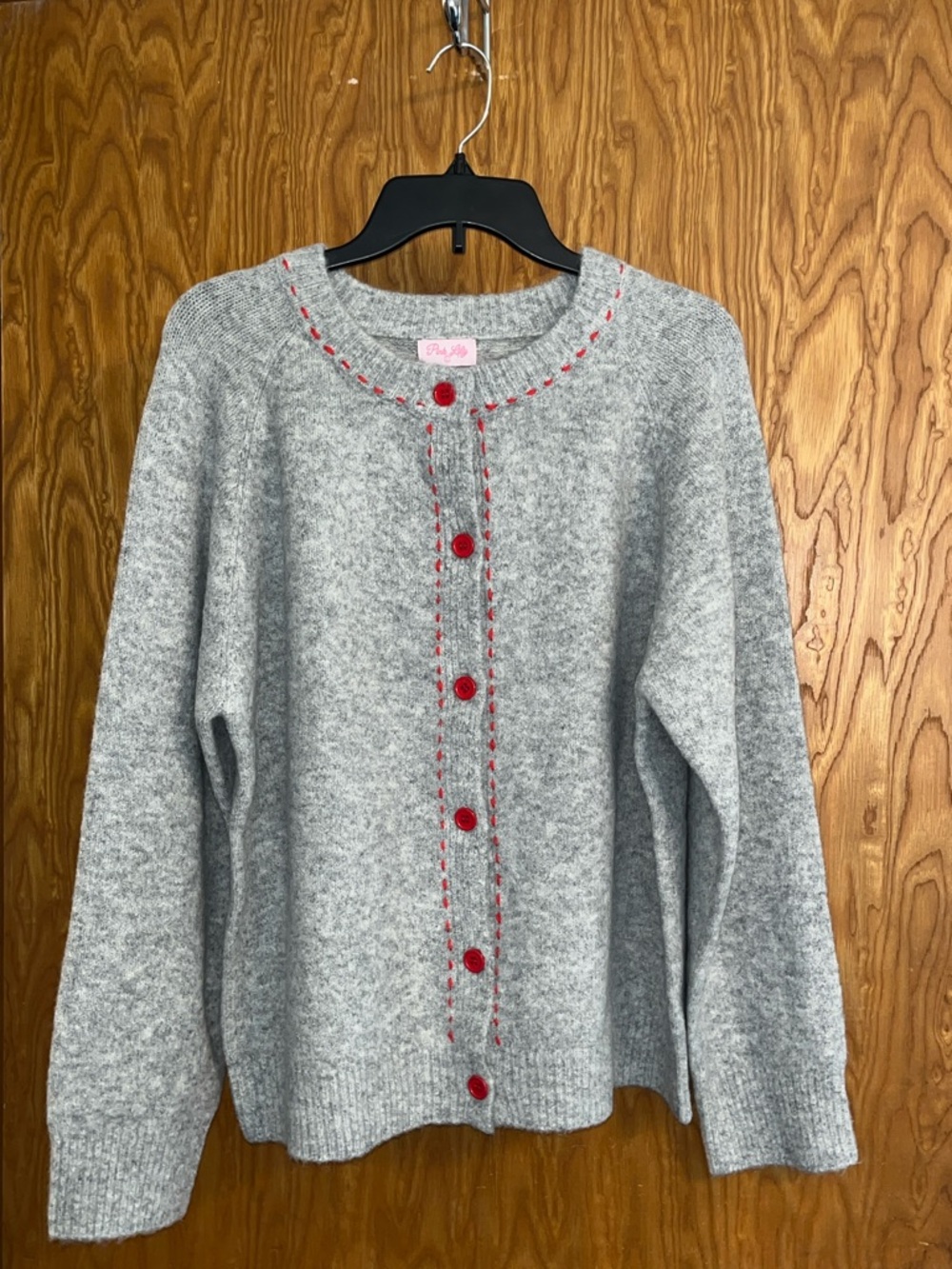 Pink Lily Gray Cardigan with Red Trim and Buttons